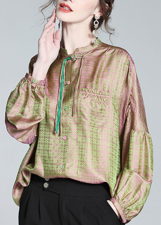 Fine Pink Green Stand Collar Print Button Lantern Sleeve LY1012 - fabuloryshop