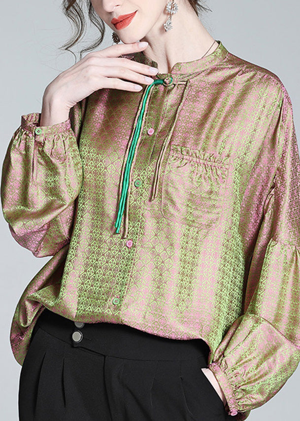 Fine Pink Green Stand Collar Print Button Lantern Sleeve LY1012 - fabuloryshop