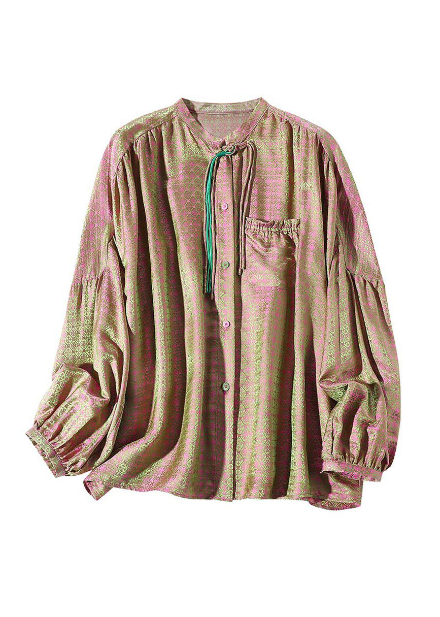 Fine Pink Green Stand Collar Print Button Lantern Sleeve LY1012 - fabuloryshop