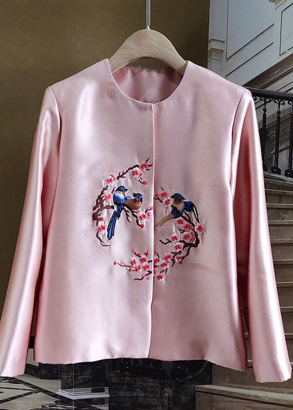 Fine Pink O-Neck Embroideried Patchwork Silk Coat Spring LY0990 - fabuloryshop