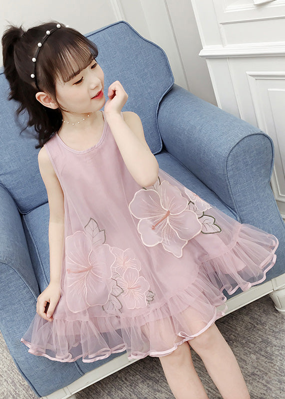 Fine Pink O-Neck Patchwork Embroideried Patchwork Tulle Girls Long Dresses Sleeveless LY5438 - fabuloryshop