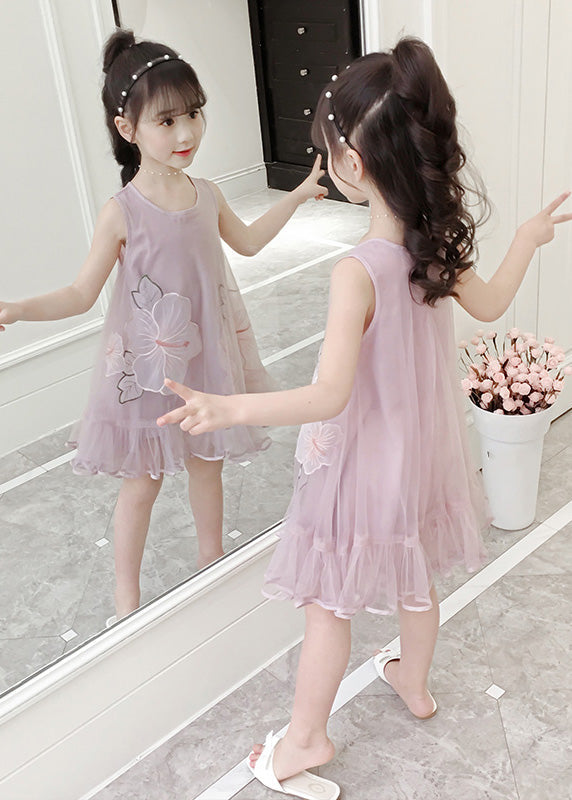 Fine Pink O-Neck Patchwork Embroideried Patchwork Tulle Girls Long Dresses Sleeveless LY5438 - fabuloryshop