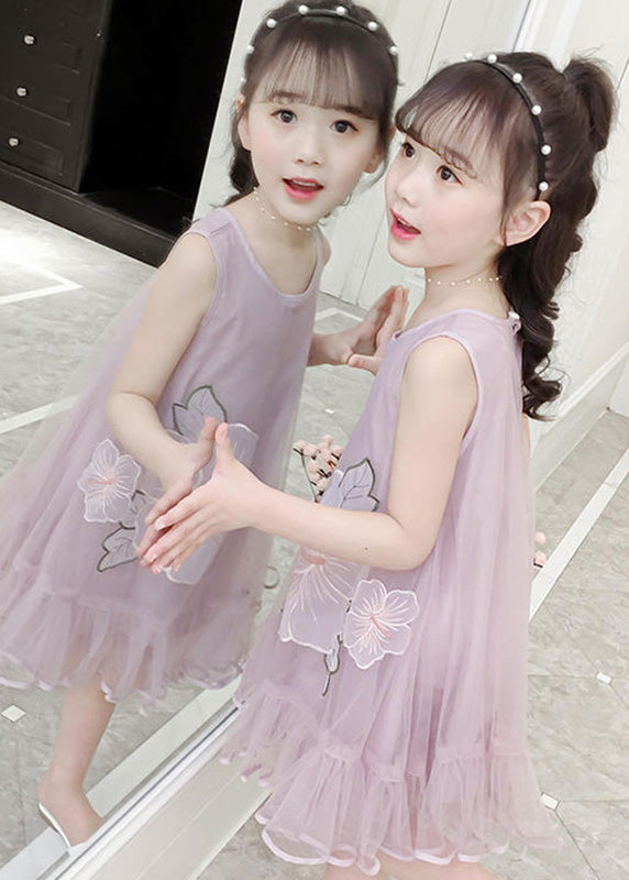 Fine Pink O-Neck Patchwork Embroideried Patchwork Tulle Girls Long Dresses Sleeveless LY5438 - fabuloryshop