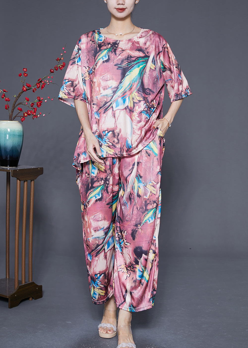 Fine Pink Print Low High Design Chiffon Two Pieces Set Summer Ada Fashion