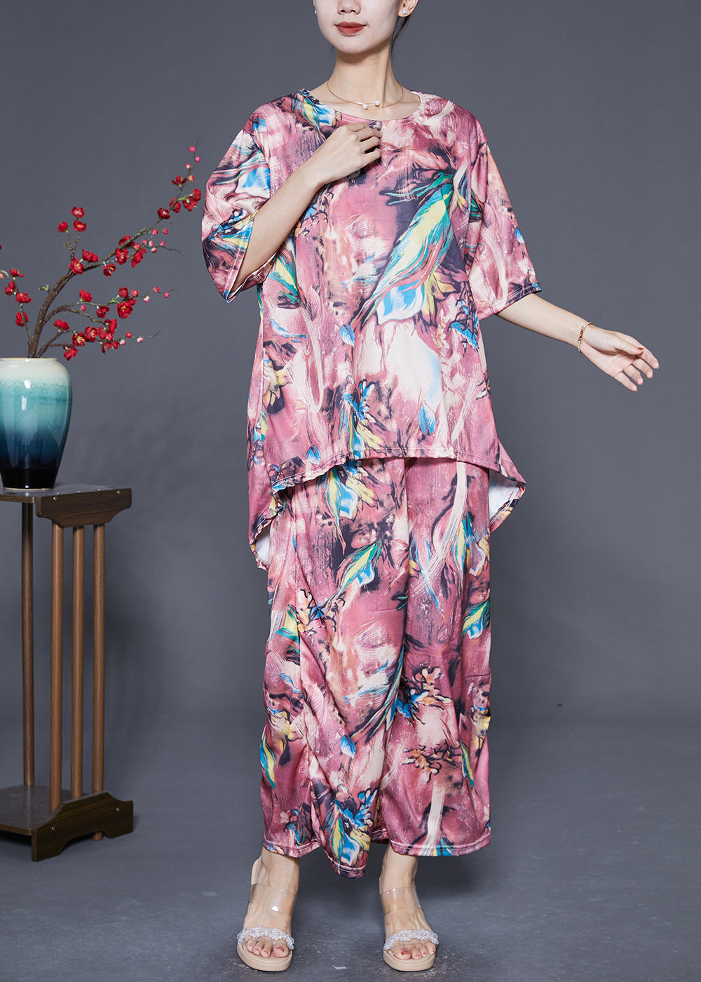 Fine Pink Print Low High Design Chiffon Two Pieces Set Summer Ada Fashion