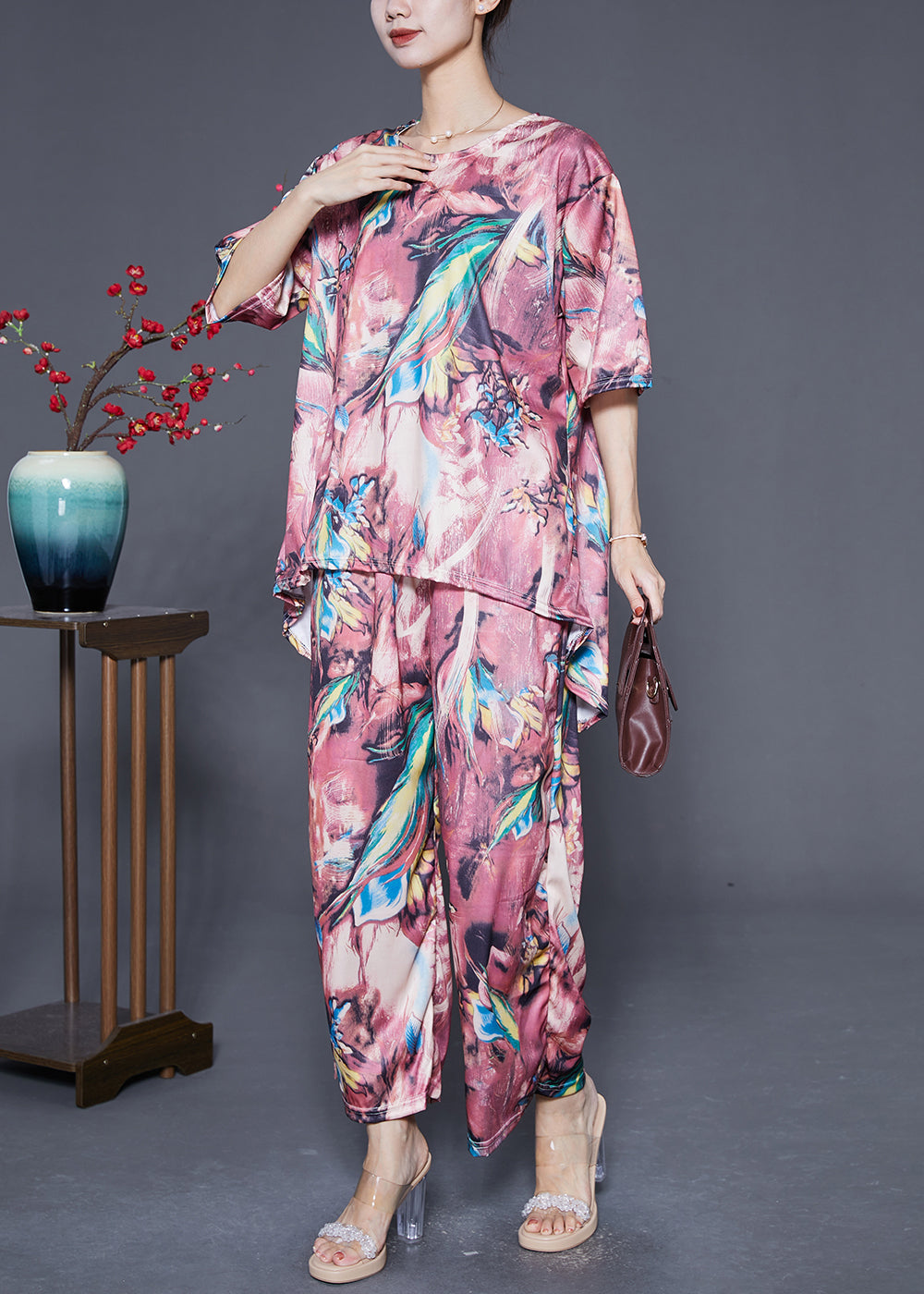 Fine Pink Print Low High Design Chiffon Two Pieces Set Summer Ada Fashion