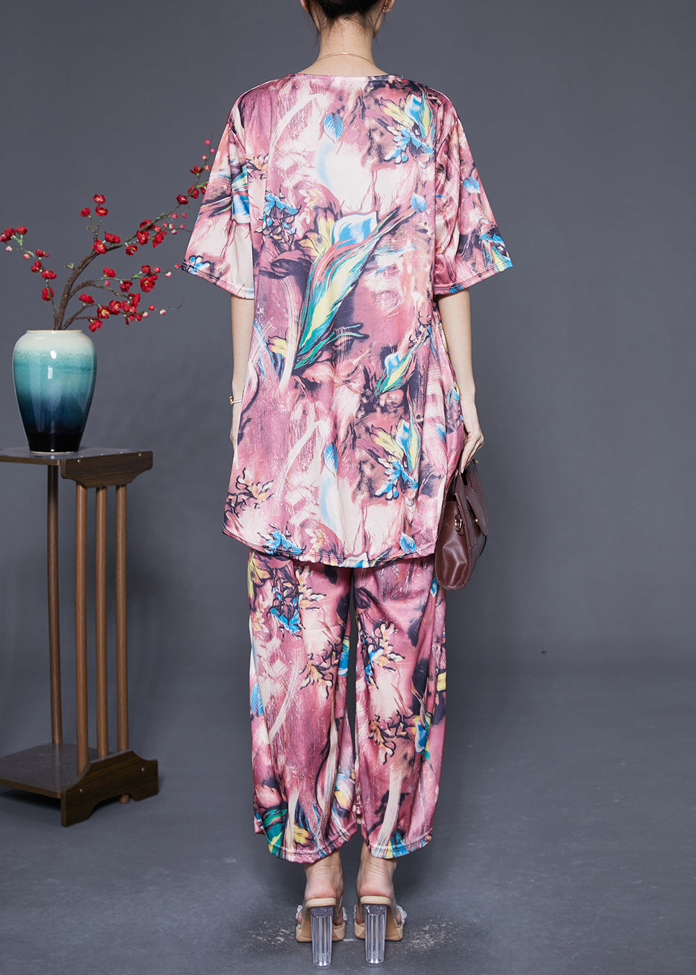Fine Pink Print Low High Design Chiffon Two Pieces Set Summer Ada Fashion