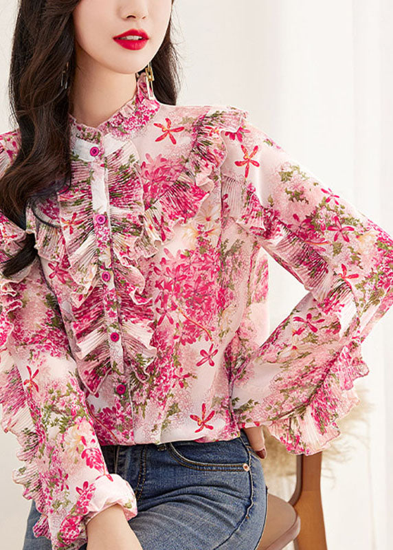 Fine Pink Turtleneck Print Button Chiffon Top Long Sleeve Ada Fashion