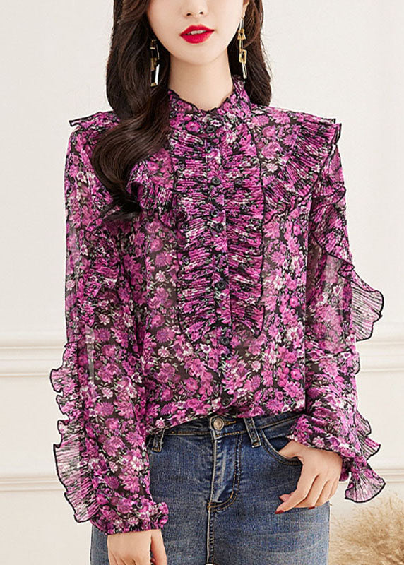 Fine Pink Turtleneck Print Button Chiffon Top Long Sleeve Ada Fashion