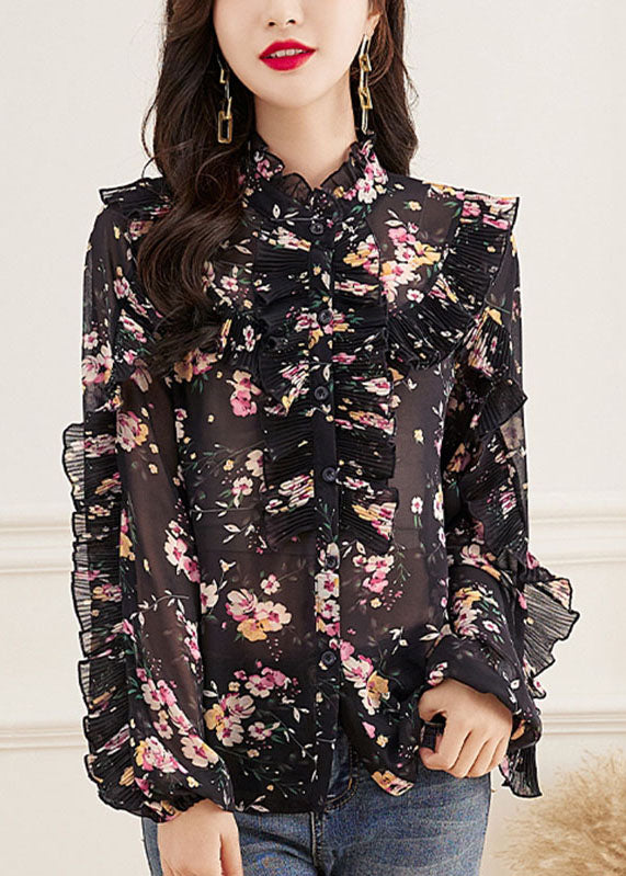 Fine Pink Turtleneck Print Button Chiffon Top Long Sleeve Ada Fashion