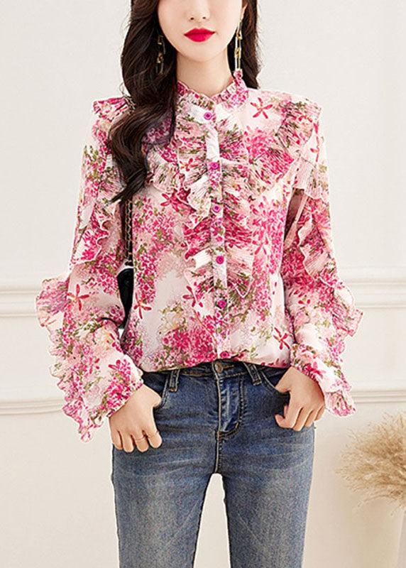 Fine Pink Turtleneck Print Button Chiffon Top Long Sleeve Ada Fashion