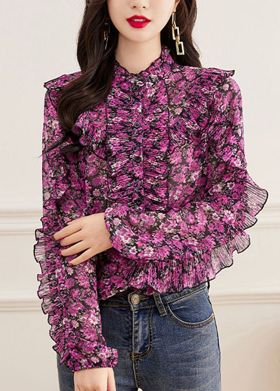 Fine Pink Turtleneck Print Button Chiffon Top Long Sleeve Ada Fashion