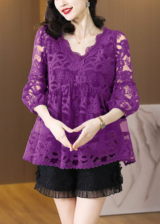 Fine Purple Embroideried Hollow Out Tulle Top Bracelet Sleeve LY3711 - fabuloryshop