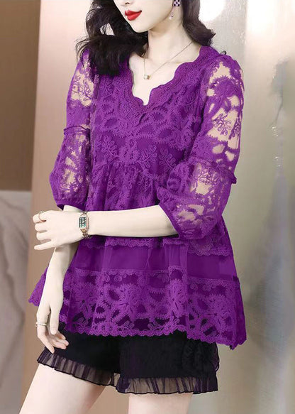 Fine Purple Embroideried Hollow Out Tulle Top Bracelet Sleeve LY3711 - fabuloryshop