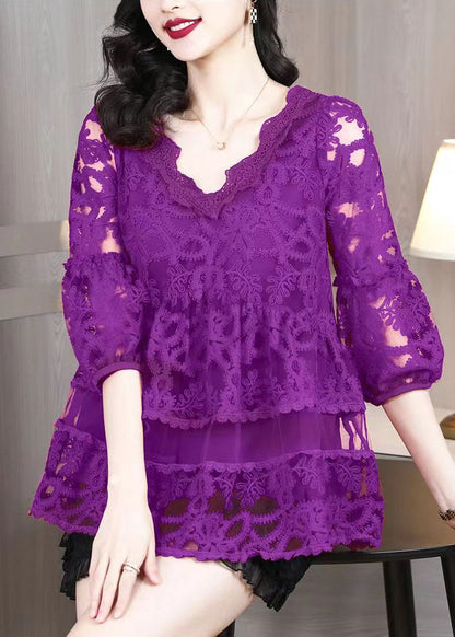 Fine Purple Embroideried Hollow Out Tulle Top Bracelet Sleeve LY3711 - fabuloryshop