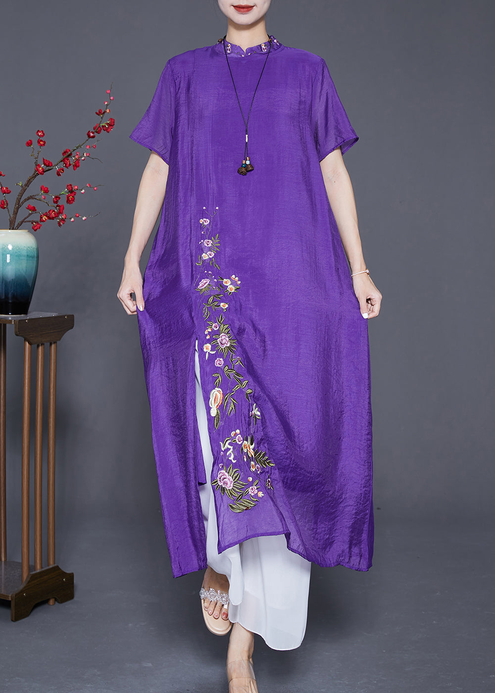 Fine Purple Embroideried Side Open Linen Silk Dresses Summer Ada Fashion