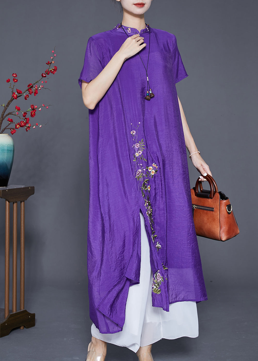 Fine Purple Embroideried Side Open Linen Silk Dresses Summer Ada Fashion