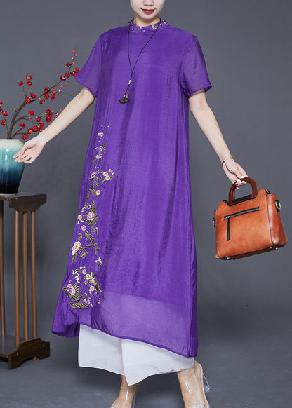 Fine Purple Embroideried Side Open Linen Silk Dresses Summer Ada Fashion