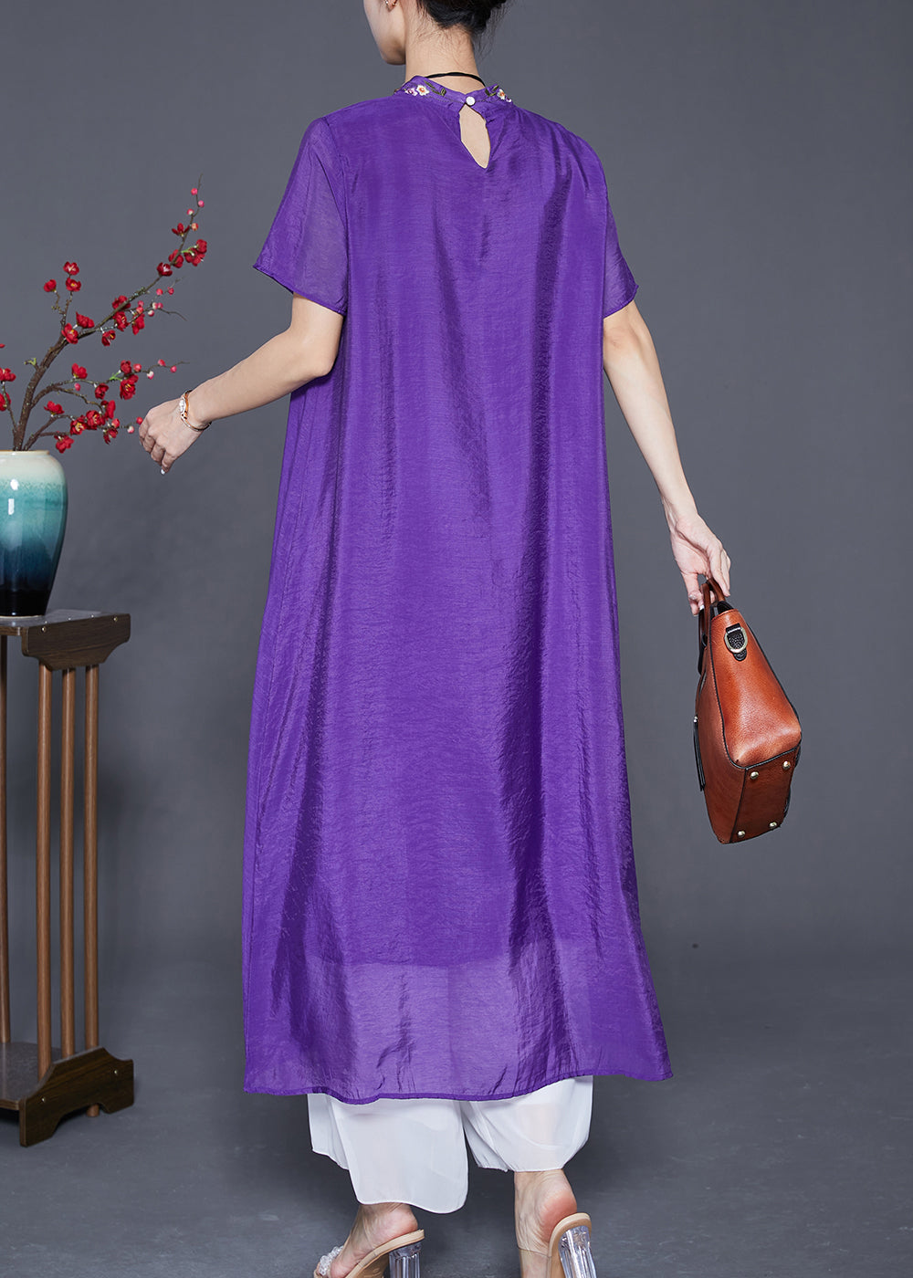 Fine Purple Embroideried Side Open Linen Silk Dresses Summer Ada Fashion