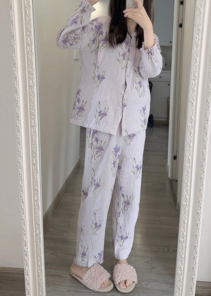 Fine Purple Print Button Pajamas Two Pieces Set Spring TO1005 - fabuloryshop