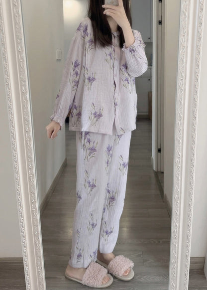 Fine Purple Print Button Pajamas Two Pieces Set Spring TO1005 - fabuloryshop