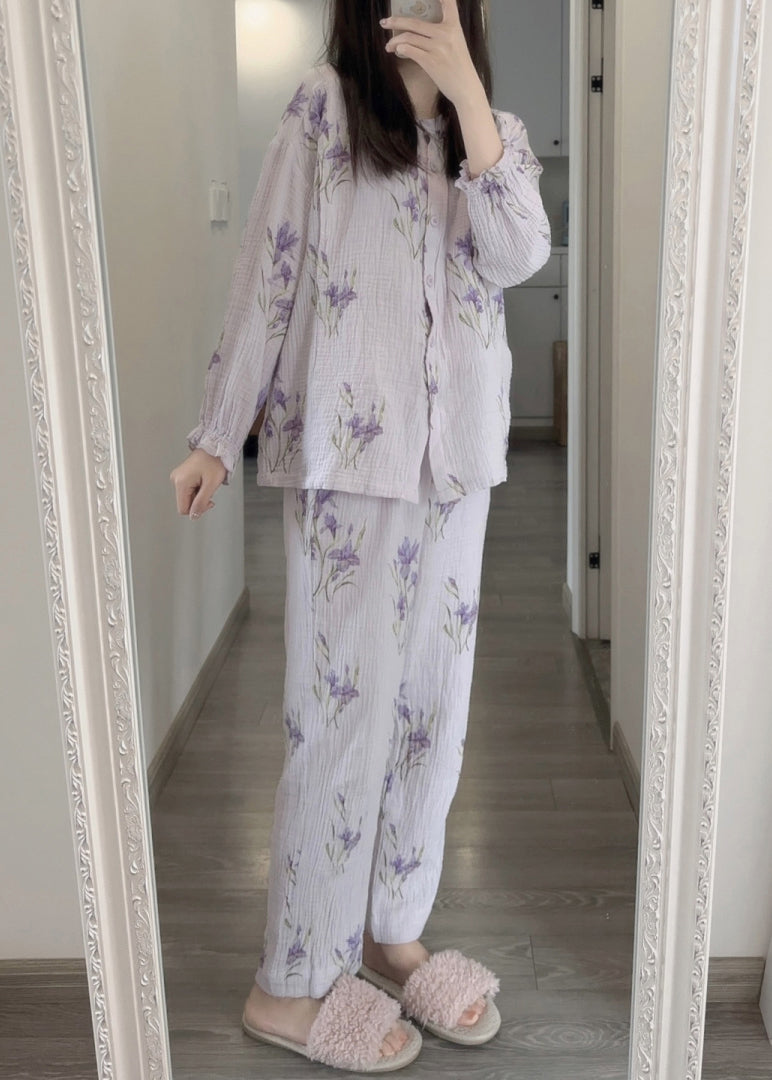 Fine Purple Print Button Pajamas Two Pieces Set Spring LY1872 - fabuloryshop