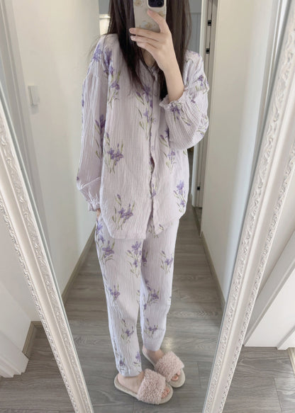 Fine Purple Print Button Pajamas Two Pieces Set Spring LY1872 - fabuloryshop