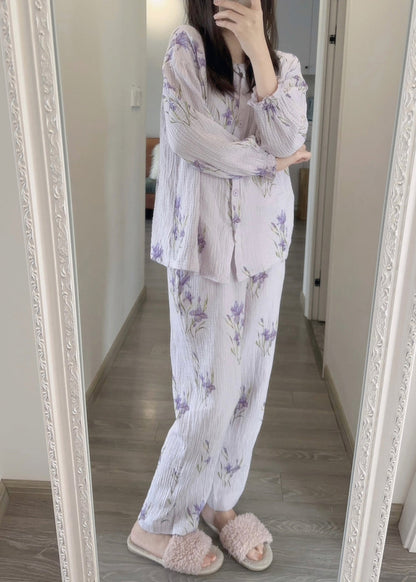 Fine Purple Print Button Pajamas Two Pieces Set Spring TO1005 - fabuloryshop