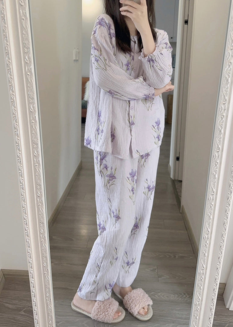 Fine Purple Print Button Pajamas Two Pieces Set Spring LY1872 - fabuloryshop