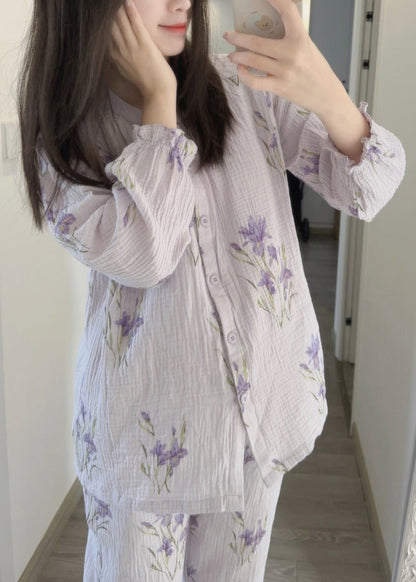 Fine Purple Print Button Pajamas Two Pieces Set Spring TO1005 - fabuloryshop