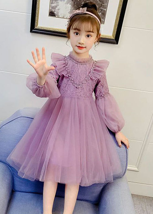 Fine Purple Ruffled Lace PatchworkNail Bead Tulle Girls Maxi Dresses Fall Ada Fashion