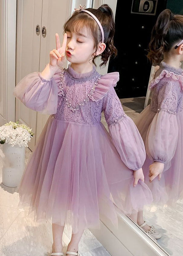 Fine Purple Ruffled Lace PatchworkNail Bead Tulle Girls Maxi Dresses Fall Ada Fashion