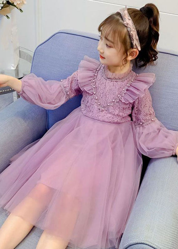 Fine Purple Ruffled Lace PatchworkNail Bead Tulle Girls Maxi Dresses Fall Ada Fashion