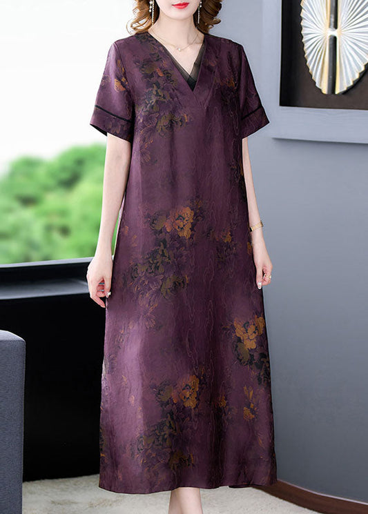 Fine Purple V Neck Print Patchwork Silk Long Dresses Summer LY5976 Ada Fashion