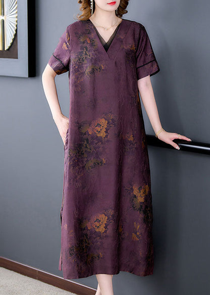 Fine Purple V Neck Print Patchwork Silk Long Dresses Summer LY5976 Ada Fashion