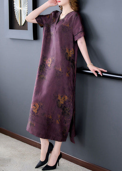 Fine Purple V Neck Print Patchwork Silk Long Dresses Summer LY5976 Ada Fashion