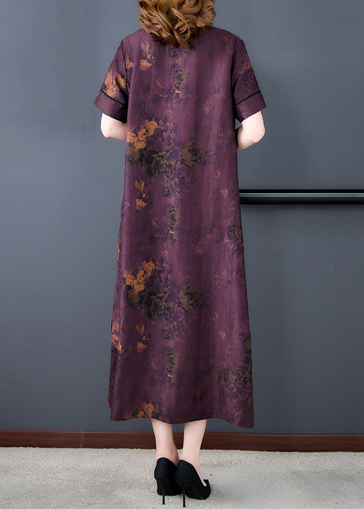 Fine Purple V Neck Print Patchwork Silk Long Dresses Summer LY5976 Ada Fashion