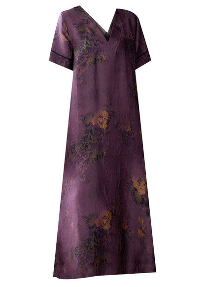 Fine Purple V Neck Print Patchwork Silk Long Dresses Summer LY5976 Ada Fashion