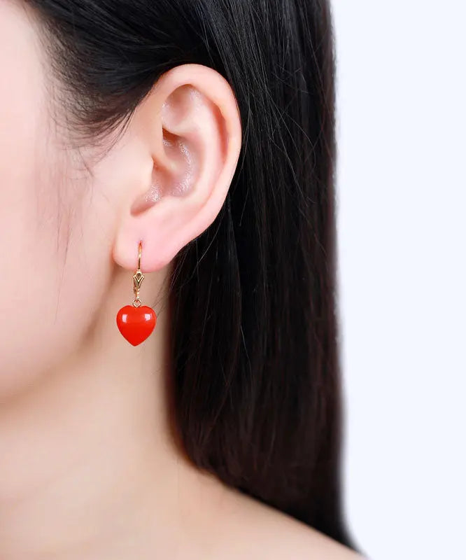Fine Red 14K Gold Love Cinnabar Drop Earrings Ada Fashion