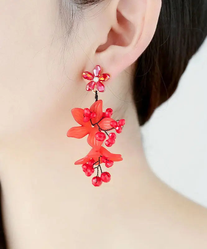 Fine Red Inlaid Handmade Beading Graphic Crystal Drop Earrings Ada Fashion