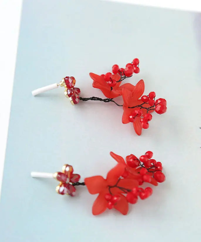 Fine Red Inlaid Handmade Beading Graphic Crystal Drop Earrings Ada Fashion