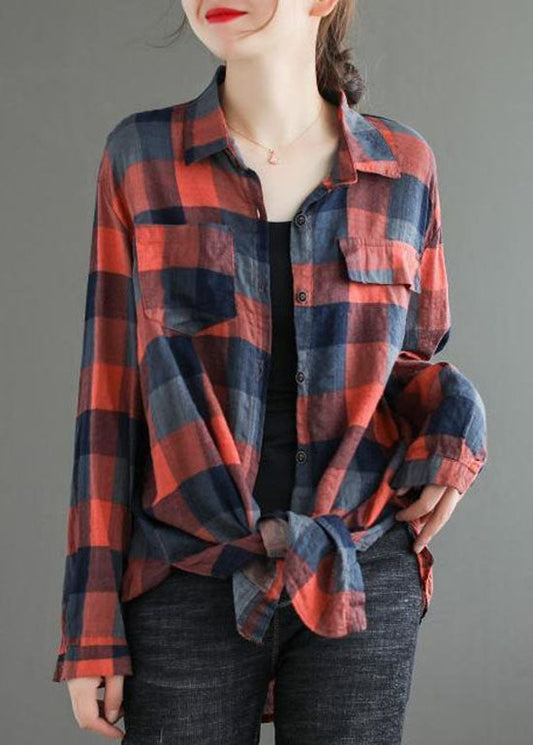 Fine Red Peter Pan Collar Plaid Pockets Cotton Shirts Top Spring LY0598 - fabuloryshop