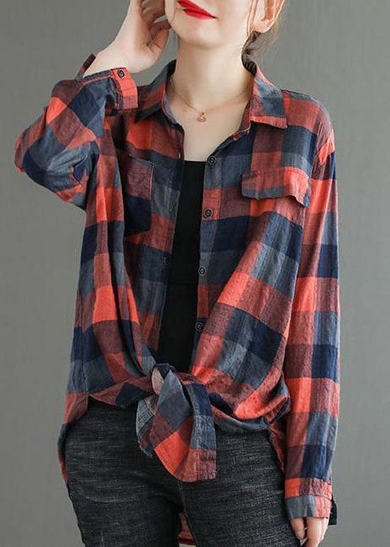 Fine Red Peter Pan Collar Plaid Pockets Cotton Shirts Top Spring LY0598 - fabuloryshop