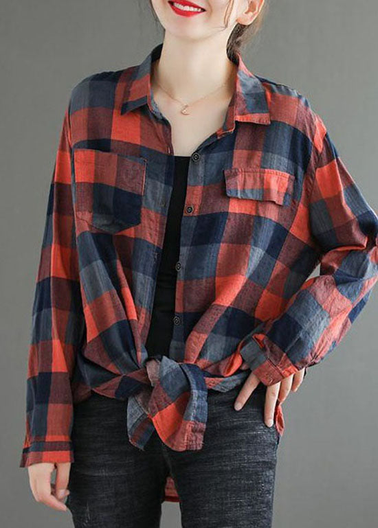 Fine Red Peter Pan Collar Plaid Pockets Cotton Shirts Top Spring LY0598