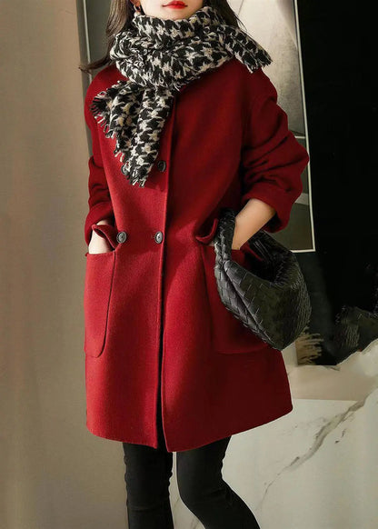 Fine Red Peter Pan Collar Pockets Fine Cotton Filled Woolen Outwear Winter Ada Fashion