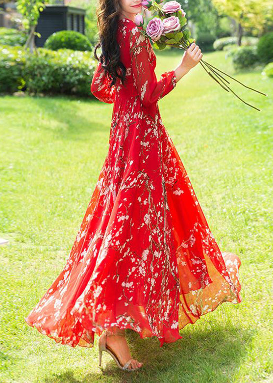 Fine Red Print Slim Chiffon Vacation Long Dresses Long Sleeve LY1775 - fabuloryshop