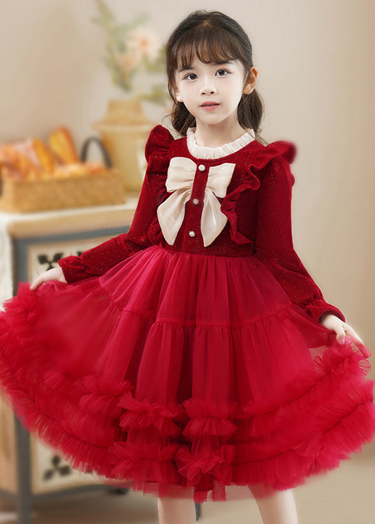 Fine Red Ruffled Patchwork Tulle Baby Girls Princess Dress Fall Ada Fashion