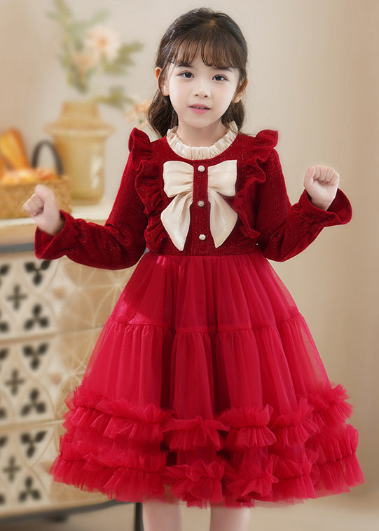 Fine Red Ruffled Patchwork Tulle Baby Girls Princess Dress Fall Ada Fashion