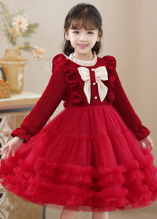 Fine Red Ruffled Patchwork Tulle Baby Girls Princess Dress Fall Ada Fashion