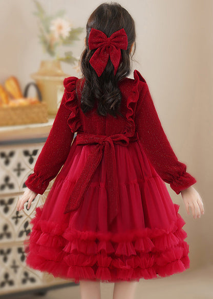 Fine Red Ruffled Patchwork Tulle Baby Girls Princess Dress Fall Ada Fashion